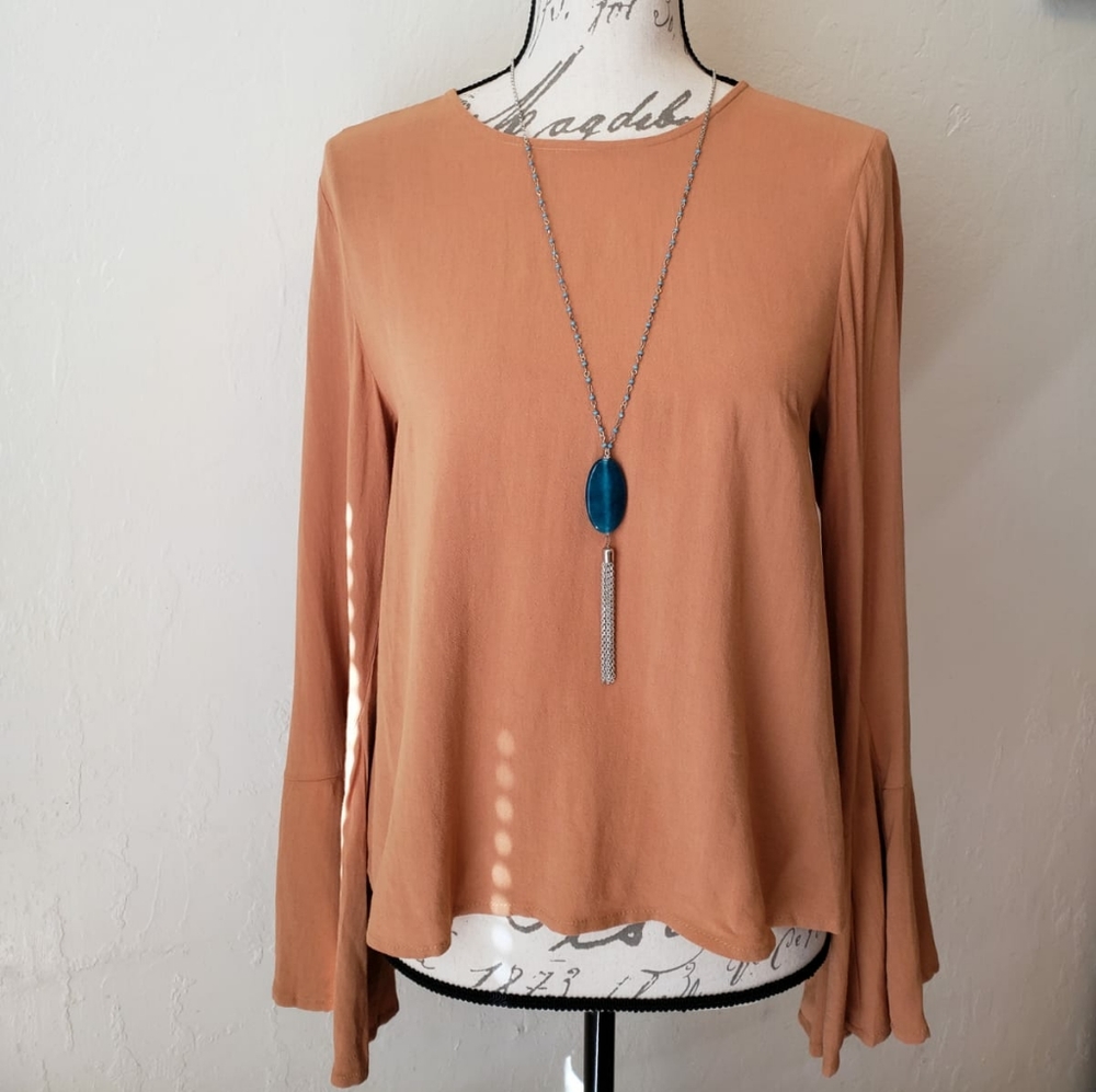 Orange Bell Sleeve Button Back Top, Size L